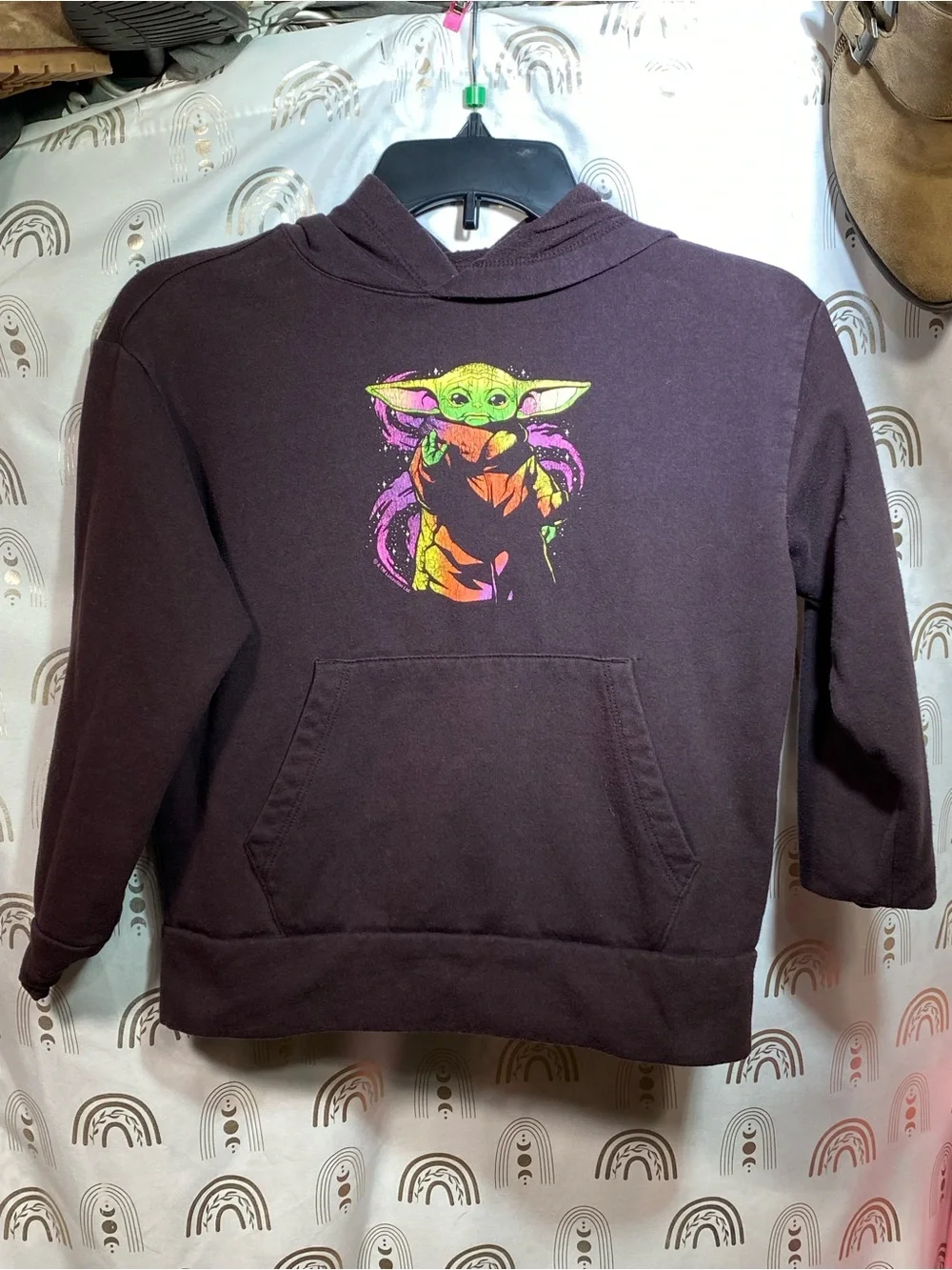 Star Wars Kids Brown Hoodie with Neon Green Grogu Graphic